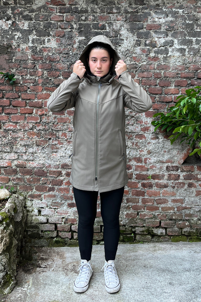 Giacca Donna verde militare Softshell Long con cappuccio